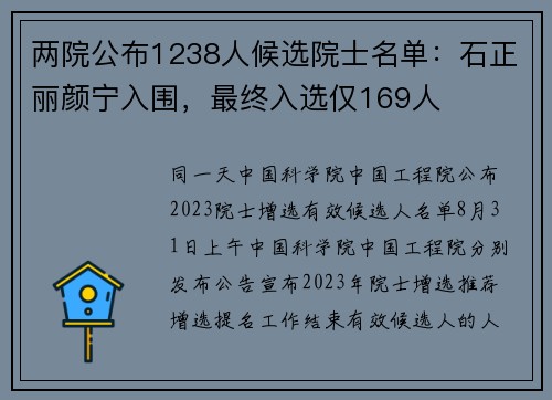 两院公布1238人候选院士名单：石正丽颜宁入围，最终入选仅169人