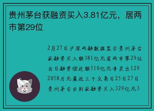 贵州茅台获融资买入3.81亿元，居两市第29位