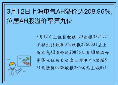 3月12日上海电气AH溢价达208.96%，位居AH股溢价率第九位