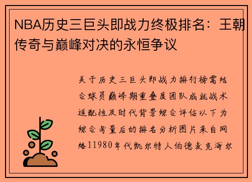 NBA历史三巨头即战力终极排名：王朝传奇与巅峰对决的永恒争议