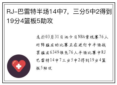 RJ-巴雷特半场14中7，三分5中2得到19分4篮板5助攻