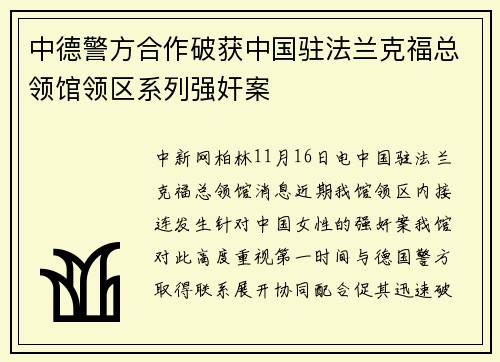 中德警方合作破获中国驻法兰克福总领馆领区系列强奸案