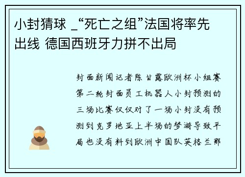 小封猜球 _“死亡之组”法国将率先出线 德国西班牙力拼不出局