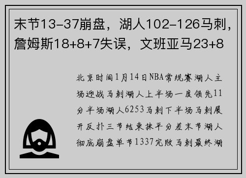 末节13-37崩盘，湖人102-126马刺，詹姆斯18+8+7失误，文班亚马23+8