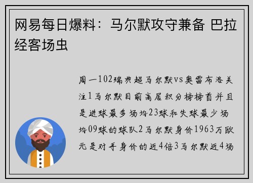 网易每日爆料：马尔默攻守兼备 巴拉经客场虫